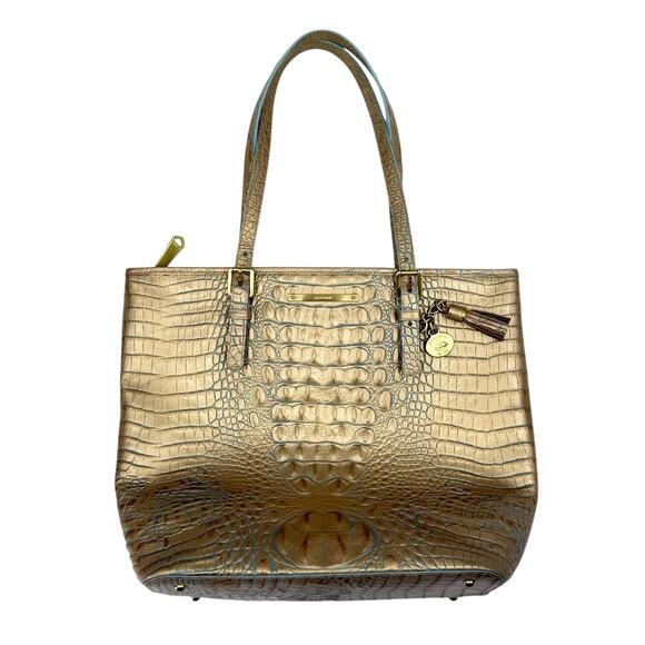 Brahmin Medium Asher Tote Metallic Gold Crocodile Embossed Leather Bag Purse - Picture 7 of 13